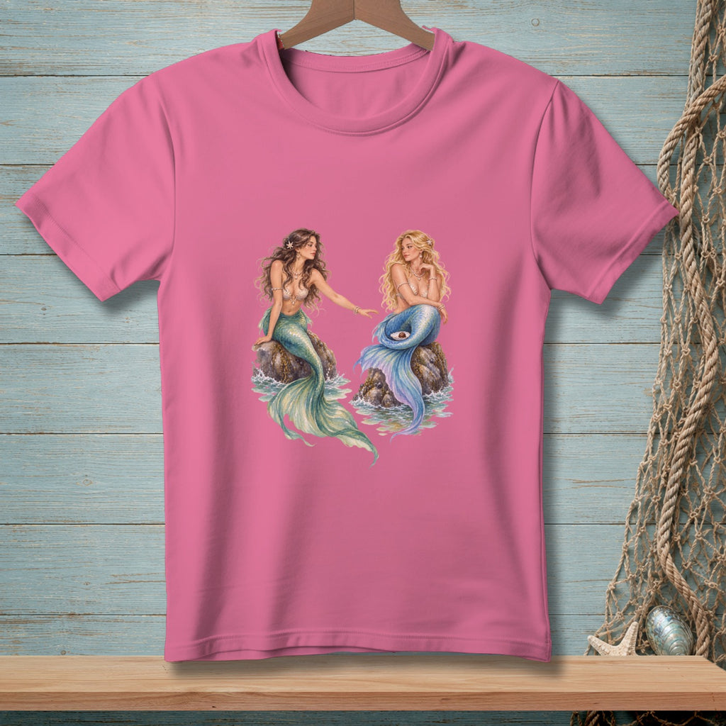 Pink t-shirt with two mermaids sitting on rocks.