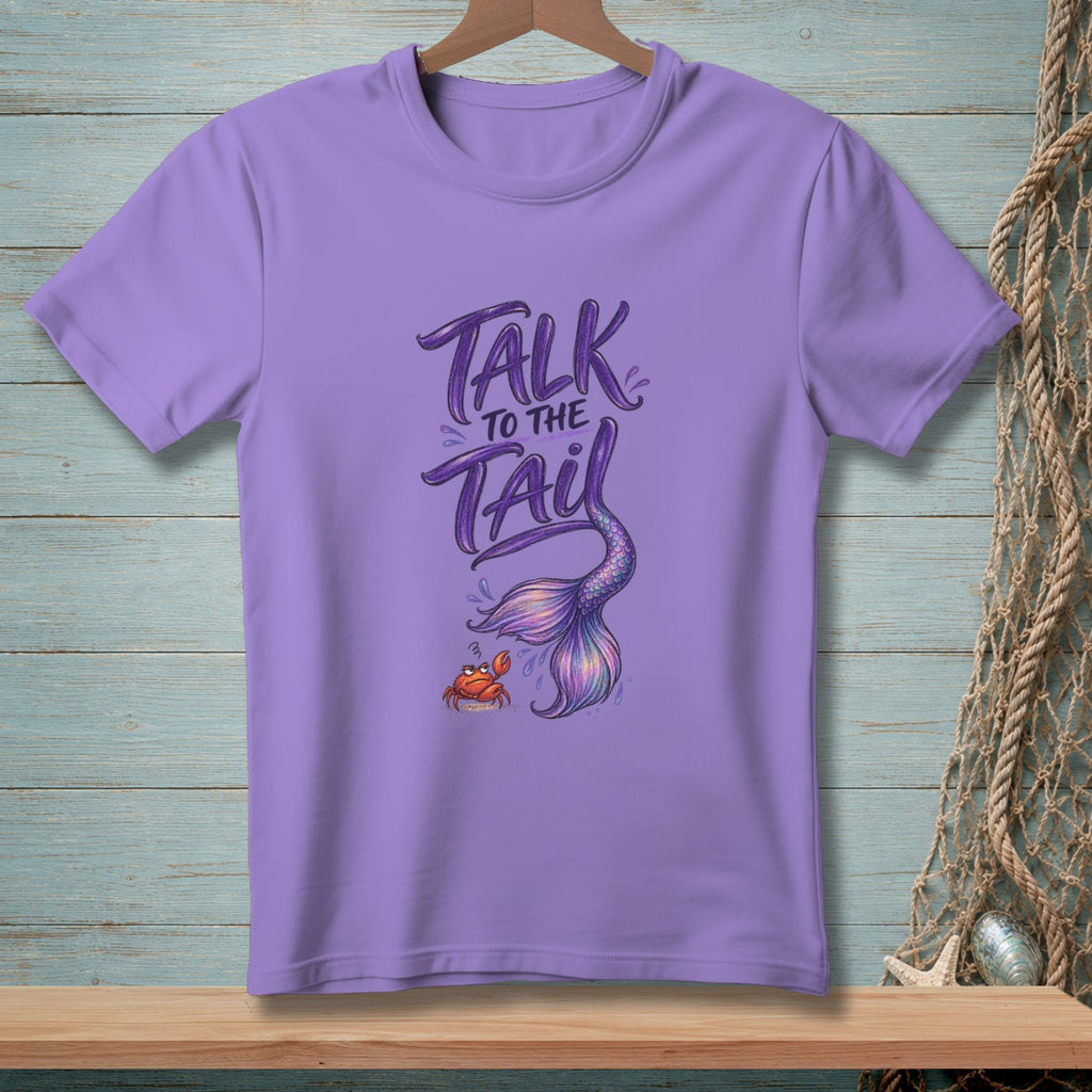 Purple t-shirt with "Talk to the Tail" text and a mermaid tail and crab graphic.