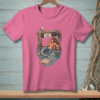 Pink t-shirt with illustration of a mermaid at a dock, "Absolutely No Drinking" sign.