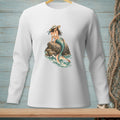 White long-sleeve shirt with a graphic of a mermaid sitting on a rock in the ocean.