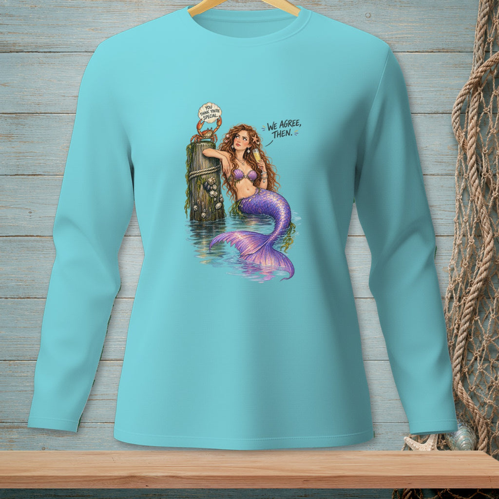 Mermaid with crab on post, crab asks "You think you're special?", mermaid replies "We agree, then."