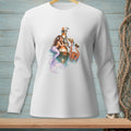 Long-sleeve white t-shirt with mermaid, octopus, lighthouse, and seagull graphic.