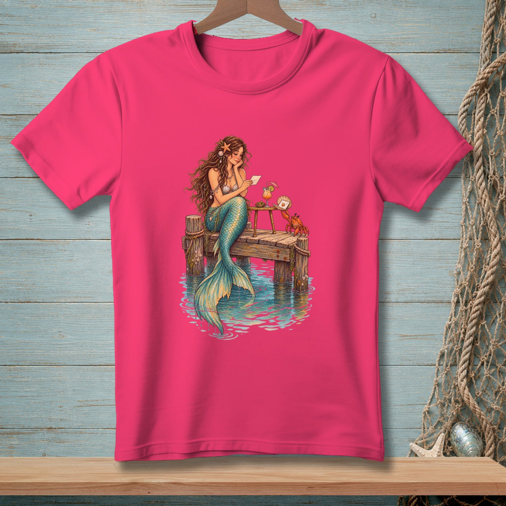 Mermaid sitting on a dock reading a letter with a crab and cocktail.