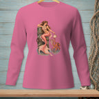 Pink long-sleeve shirt with a mermaid and octopus graphic.