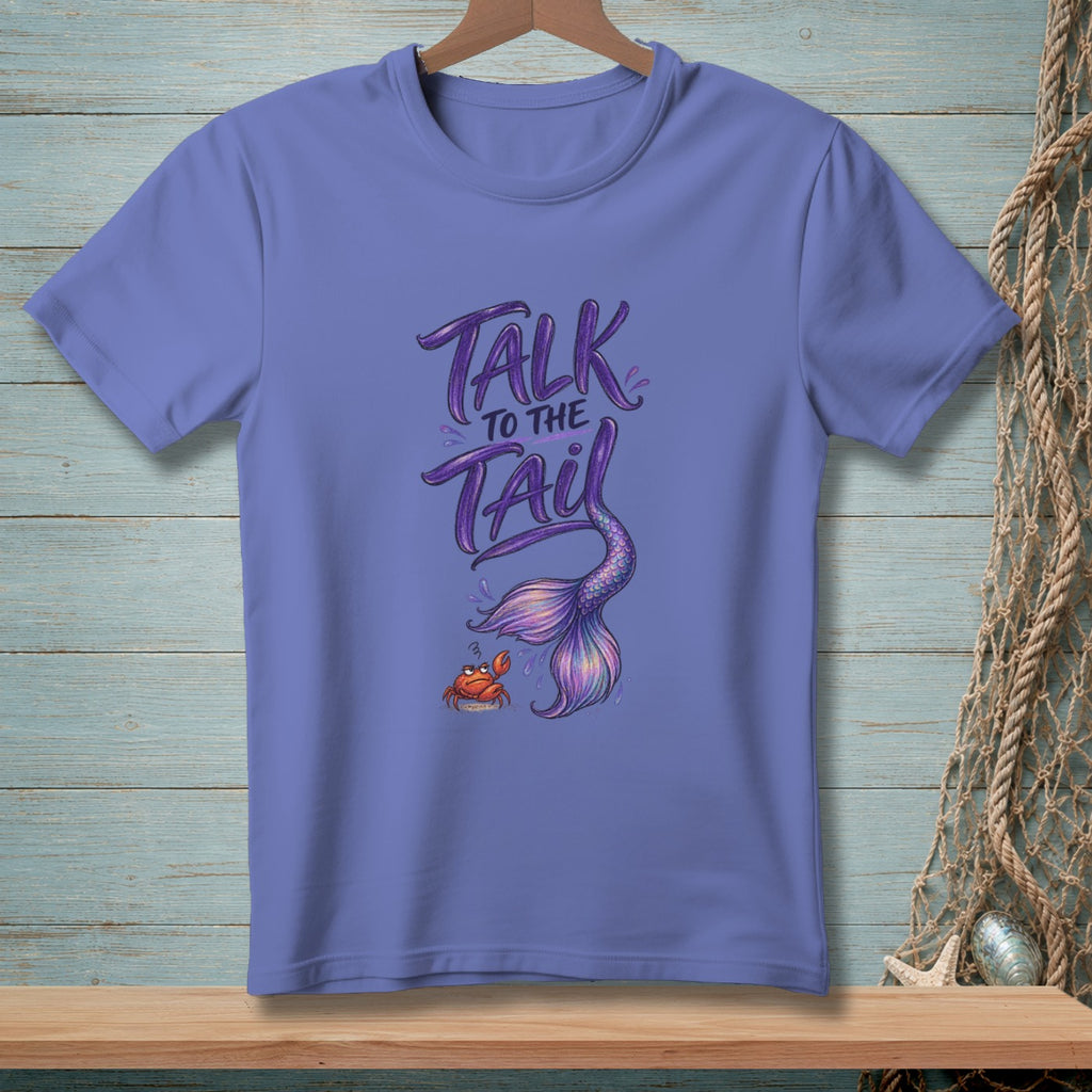 Purple t-shirt with "Talk to the Tail" text, mermaid tail, and crab graphic.