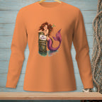 Illustration of mermaid leaning on post with "No Vacancy" sign and purple tail.