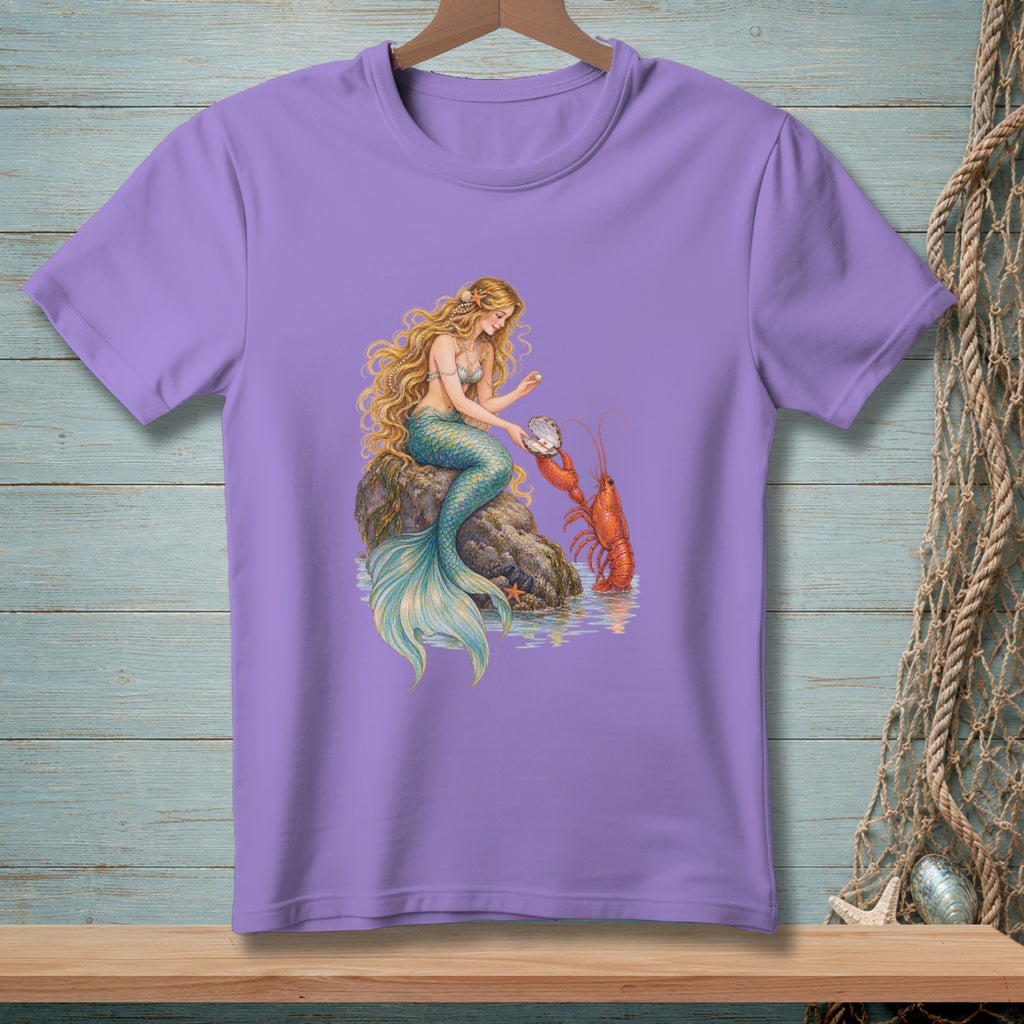 Purple t-shirt with a print of a mermaid interacting with a lobster and a shell.