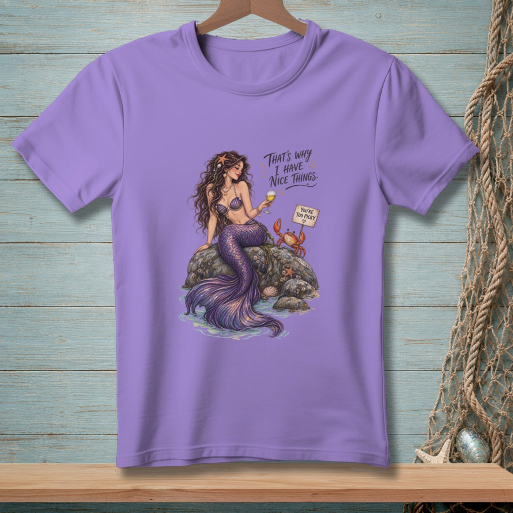Purple t-shirt with a mermaid holding a drink, text reads "That's why I have nice things."
