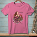 Pink t-shirt with mermaid and lobster illustration and text.