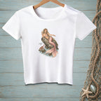 White t-shirt with illustration of mermaid, crab, and text "Anything Else?"