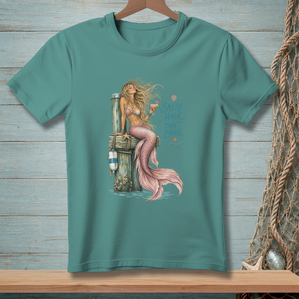 Teal t-shirt with a mermaid illustration and the text "Salty Hair, Don't Care."