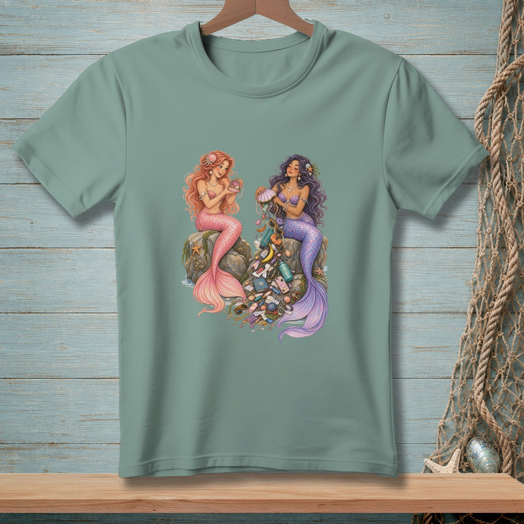 Two mermaids sit on rocks, one with pink tail, the other purple, surrounded by trash.