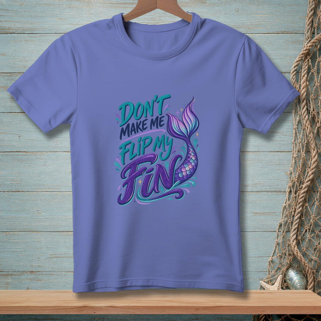 Purple t-shirt with "Don't make me flip my fin" and mermaid tail graphic.