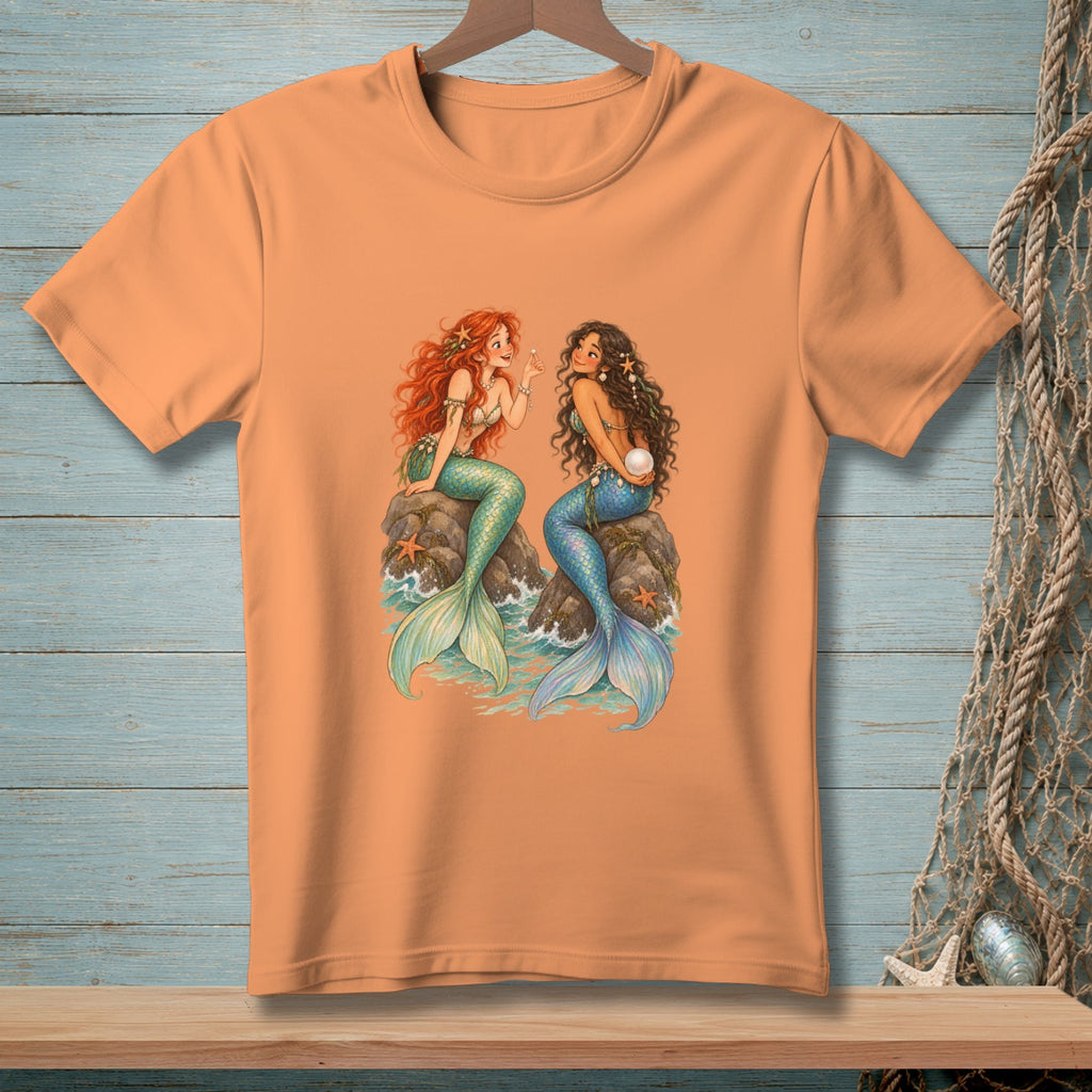 Peach t-shirt with a graphic of two mermaids sitting on rocks near the ocean.