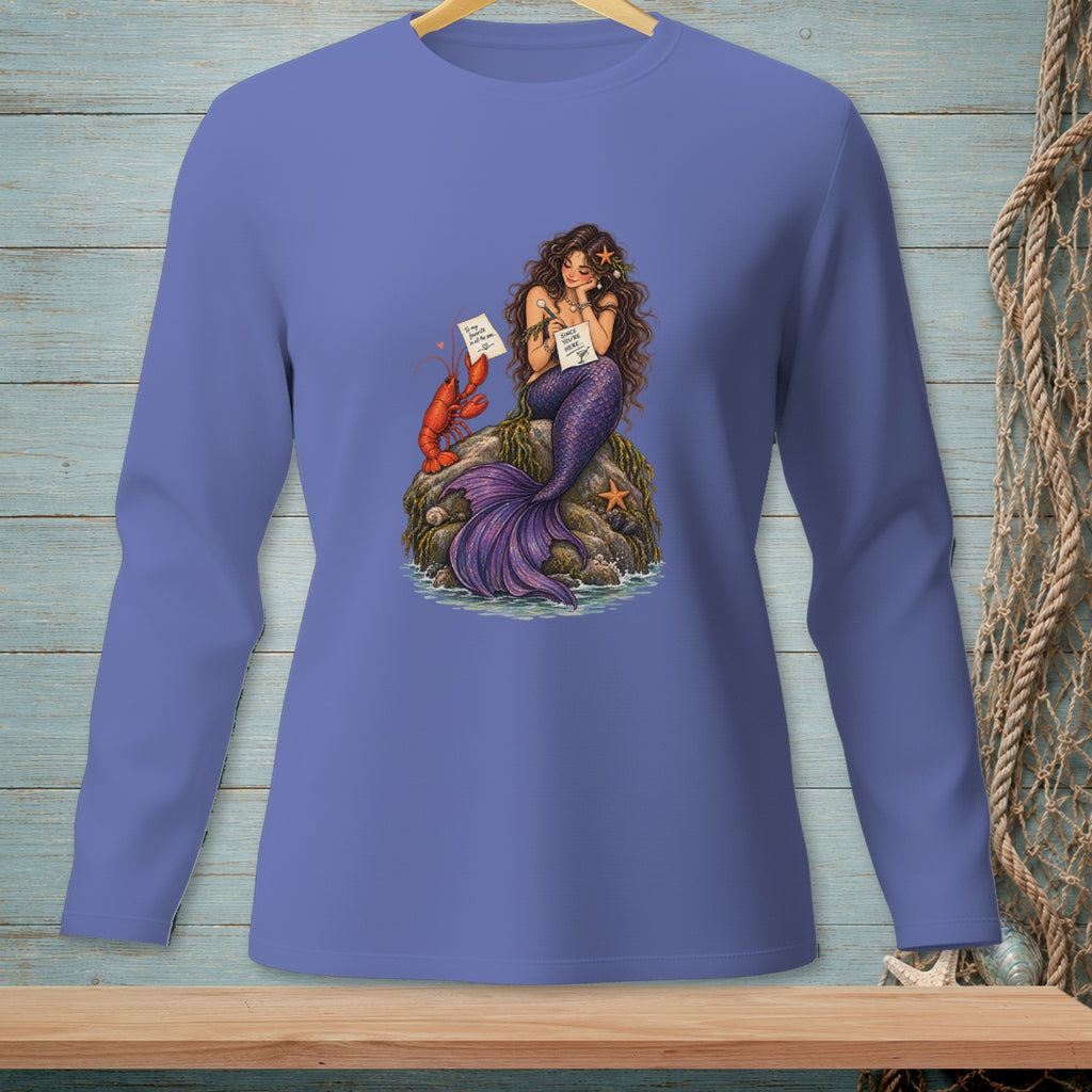 Mermaid with lobster and starfish sits on a rock, writing notes.