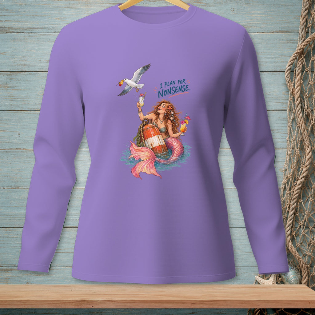 Mermaid with cocktails and a seagull, with text "I PLAN FOR NONSENSE".