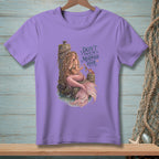 Lavender t-shirt with mermaid and crab graphic saying "Don't touch the mermaid hair."