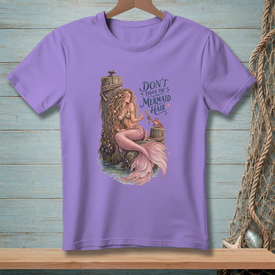 Lavender t-shirt with mermaid and crab graphic saying "Don't touch the mermaid hair."