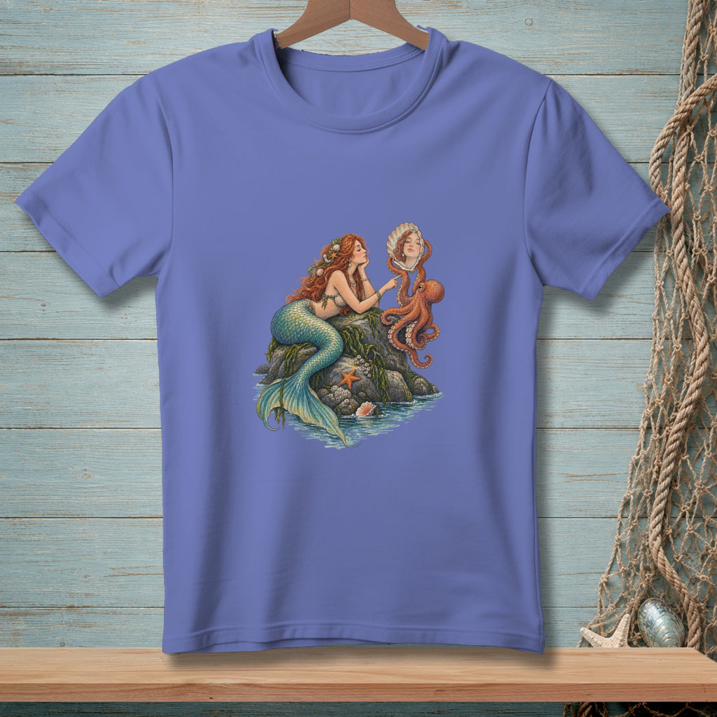 Illustration of a mermaid holding a seashell mirror with an octopus nearby.