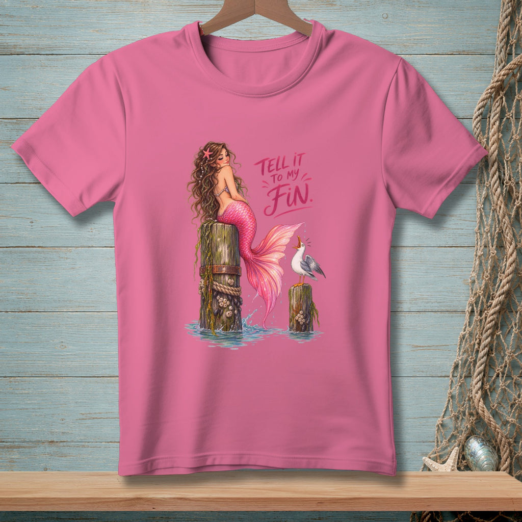 Pink t-shirt with a mermaid and seagull graphic, reads "Tell it to my fin".
