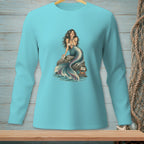 Teal long-sleeve shirt with a mermaid sitting on a rock, holding a sign saying "Your Problem."