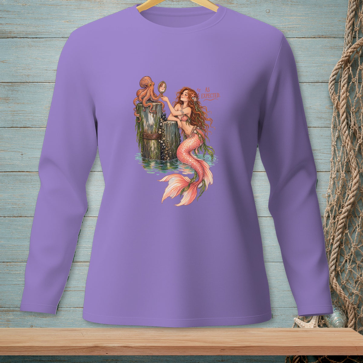Mermaid with octopus looks in mirror with text "AS EXPECTED".