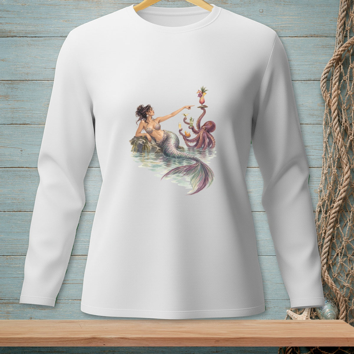 Mermaid with octopus serving cocktails on white long sleeve shirt.