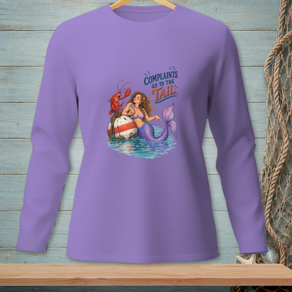 Purple long-sleeve shirt with mermaid, lobster, and "Complaints Go to the Tail" text.