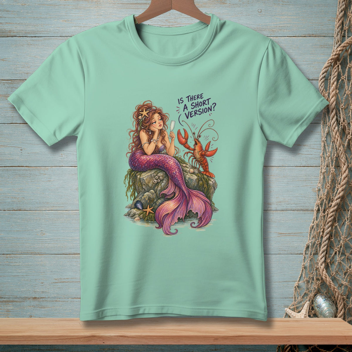 Mermaid with lobster on a rock, text "Is there a short version?"