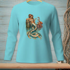 Mermaid with octopus and jewelry on a pier against a wooden backdrop.