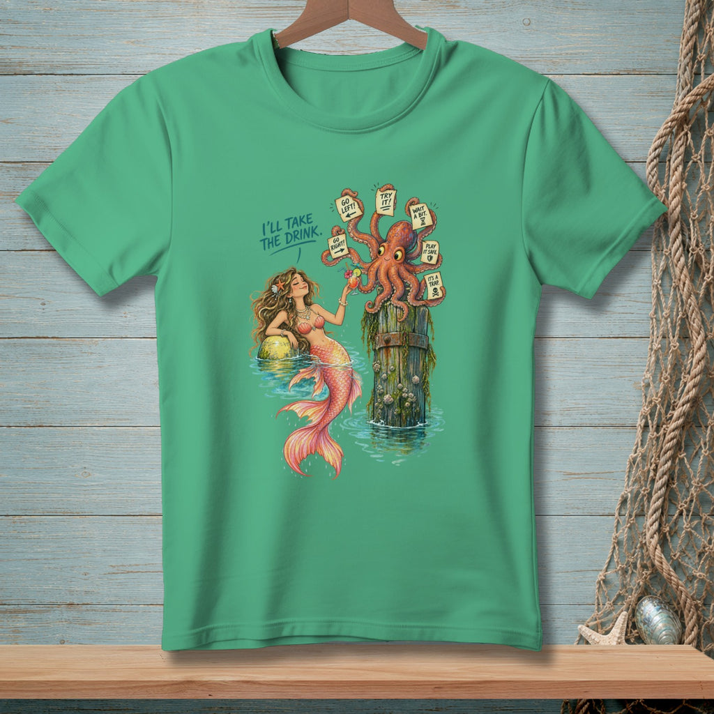Mermaid holding a drink beside an octopus on a post with decision signs.