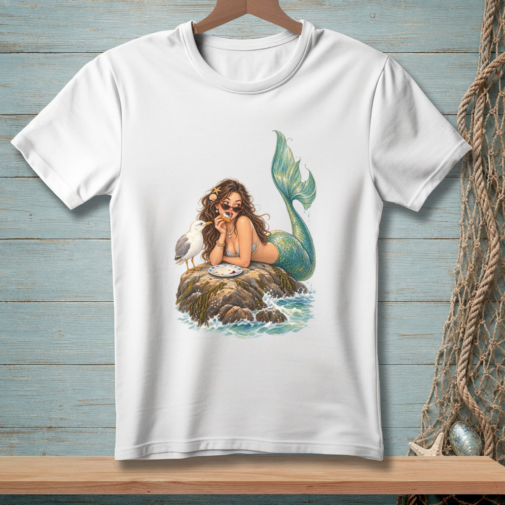Mermaid with sunglasses and a seagull eating on a rock.