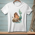 Mermaid with sunglasses and a seagull eating on a rock.
