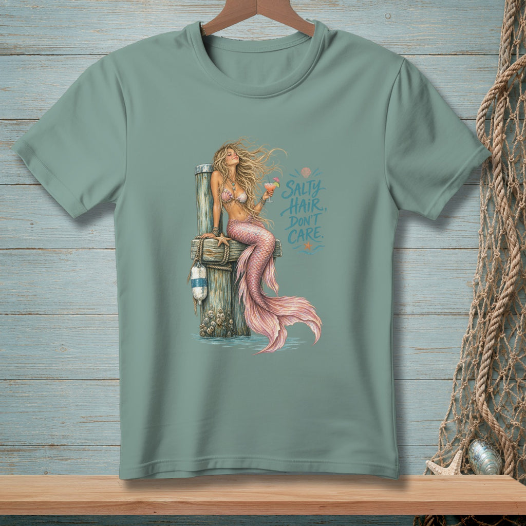 Mermaid with pink tail and cocktail, "Salty Hair, Don't Care."