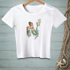 White t-shirt with a mermaid illustration and a "Proper Footwear Required" sign.