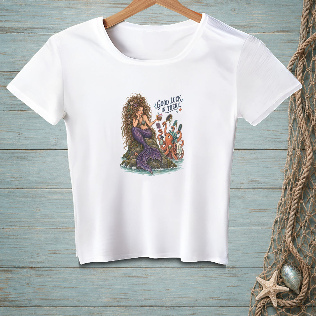 T-shirt graphic: Mermaid with octopus, "Good Luck In There" text.
