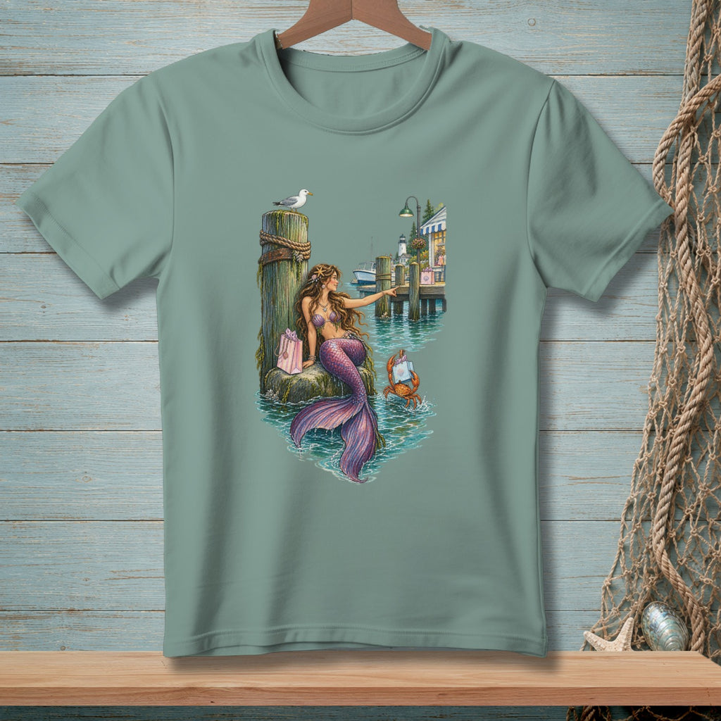 Mermaid sitting on a dock with a crab, shops, and lighthouse in background.