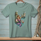 Mermaid sitting on a dock with a crab, shops, and lighthouse in background.