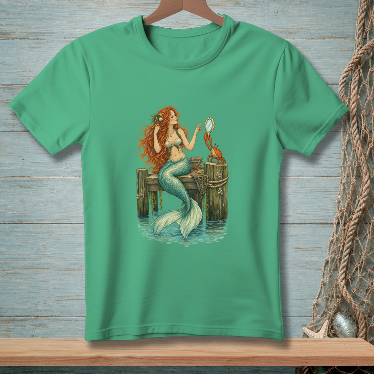 Green t-shirt with mermaid, crab, and mirror graphic on a wooden pier.