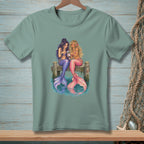 Two mermaids with purple and pink tails sit on a dock looking at a phone.