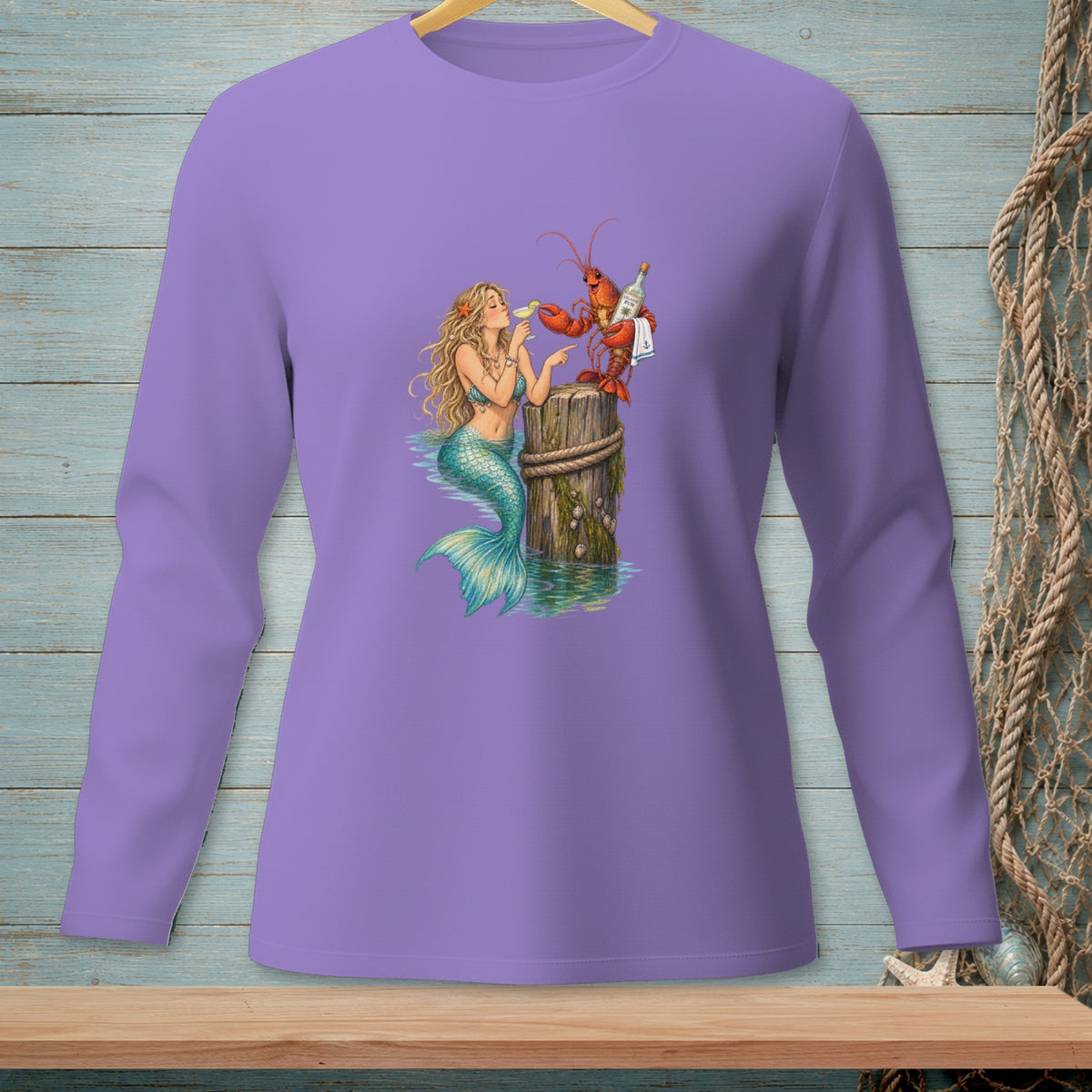 Mermaid and lobster toasting with drinks on a wooden post.