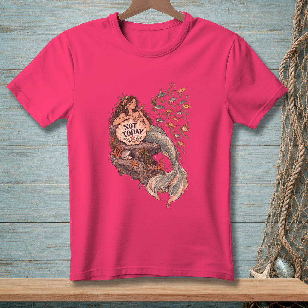 Pink t-shirt with a mermaid graphic holding a shell that says "NOT TODAY."