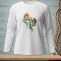 White long-sleeve shirt with two mermaids toasting with champagne.