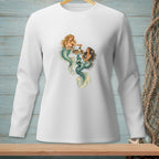 White long-sleeve shirt with two mermaids toasting with champagne.