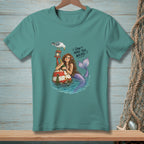 Mermaid on a buoy with a seagull, holding a bottle, with text "Don't make this weird."