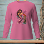 Mermaid and lobster graphic on pink long-sleeve shirt, "I BELIEVE IN YOUR POTENTIAL".