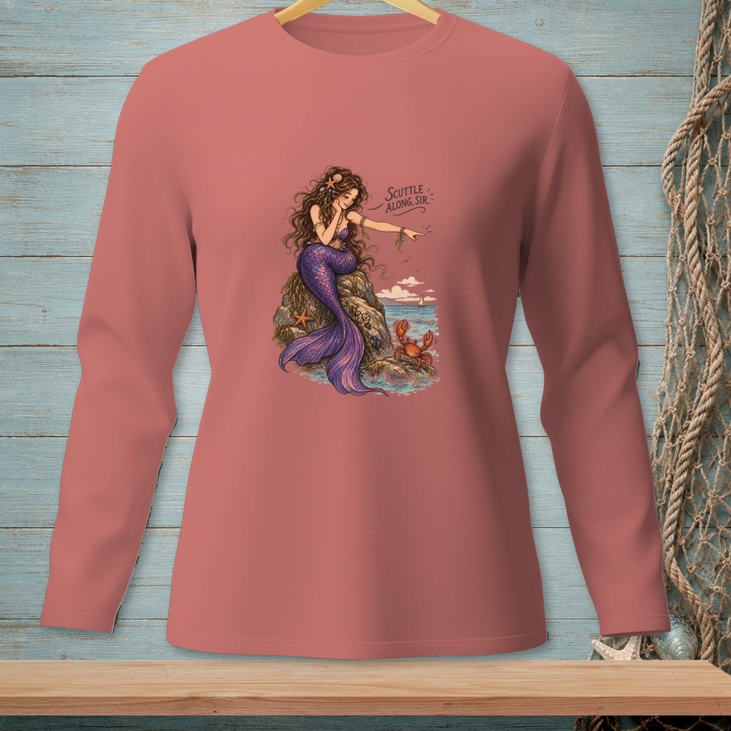 Illustration of mermaid on rock with crab, text "Scuttle Along Sir" on a long-sleeve shirt.