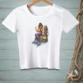 White t-shirt with illustration of a mermaid holding a drink, next to a crab and a sign reading "Too Much?".