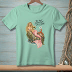 Mermaid and lobster on rock with champagne. Text reads, "You keep saying that like it's bad."