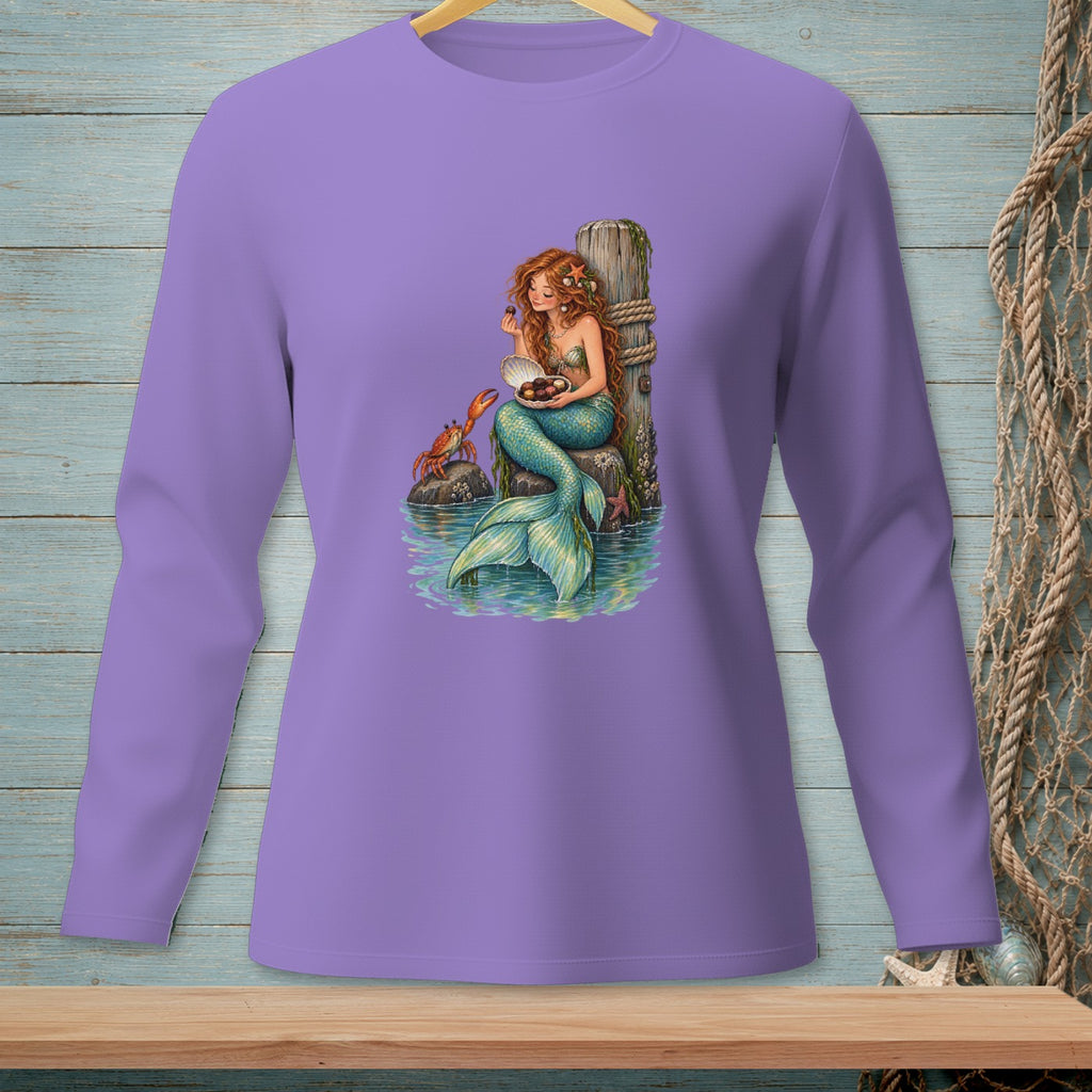 Mermaid with seashell bowl and crab on a wooden post surrounded by water.